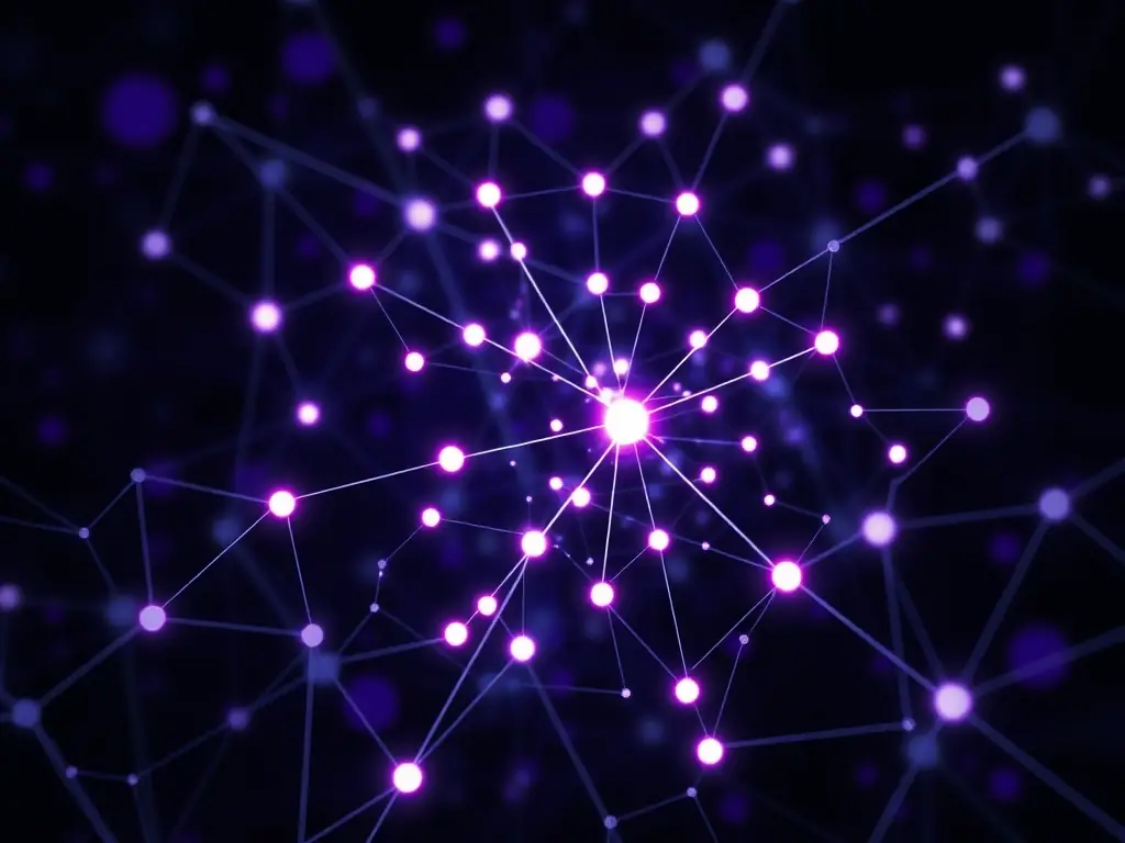 A graphic depicting a neural network with interconnected nodes, symbolizing machine learning algorithms and data processing.