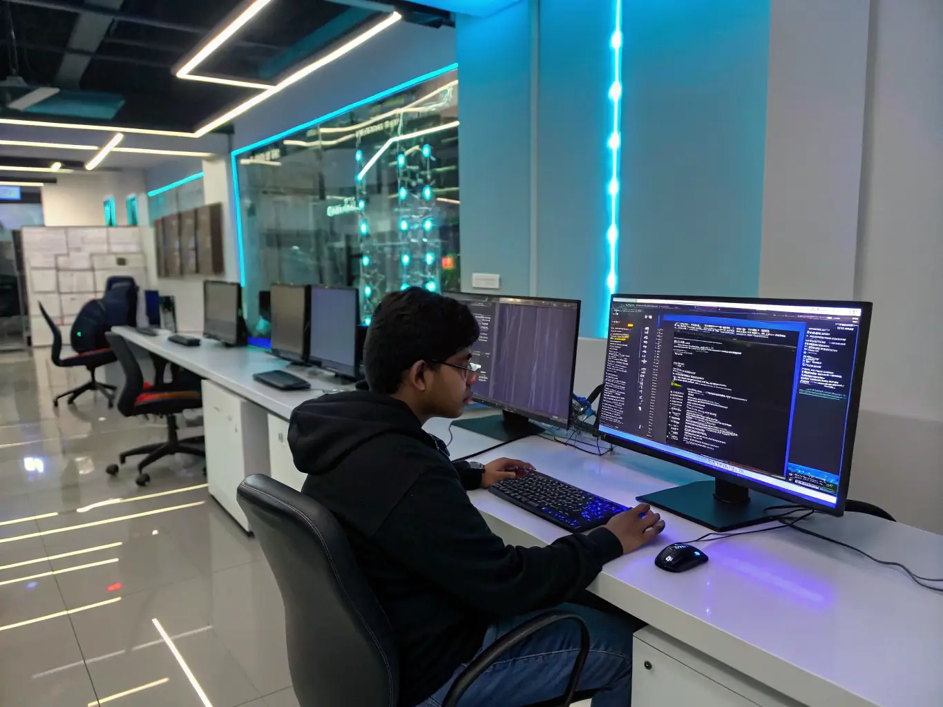 A student is working on a deep learning project, training a neural network on a powerful GPU server, with lines of code scrolling across the screen.
