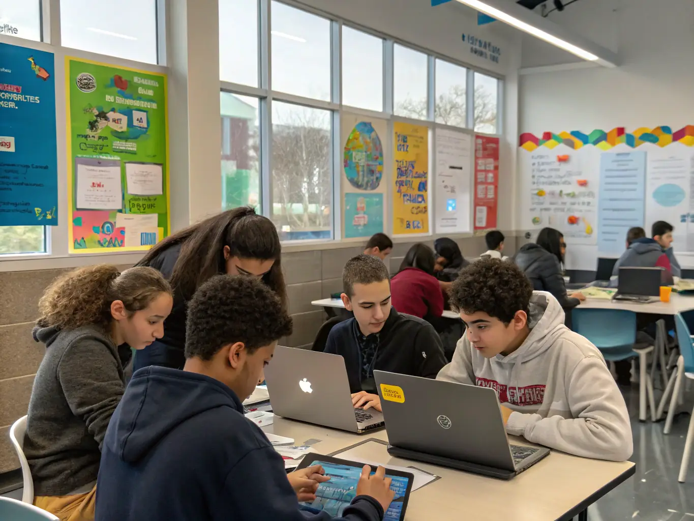 A classroom setting with students working on AI projects on laptops, with instructors guiding the session. The scene should convey collaboration and hands-on learning.